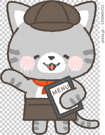 A tabby cat cafe attendant holding a menu 130060352
