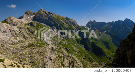 Stunning panoramic view of majestic mountains under clear blue sky in the alpine region during daylight 130060407