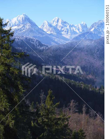 Snow-capped mountains rise above dense green forests and a serene lake in a stunning alpine landscape during clear winter weather Snow-capped mountains rise above dense green forests and a serene lake in a stunning alpine landscape during clear winter weather 130060551