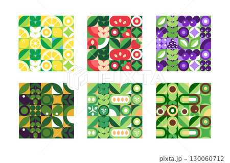 Square Fruit and Vegetable Patterns. Mosaic Set in a vector illustration 130060712