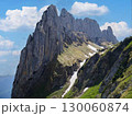 Majestic mountain range features rugged peaks under a bright blue sky with scattered clouds 130060874