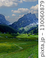 Majestic mountains tower over lush green valleys and charming settlements in a picturesque landscape during daytime 130060879