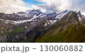 Panoramic view of snow-capped mountains under a cloudy sky with green valleys in springtime 130060882