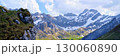 Majestic mountain landscape under a bright sky with snow-capped peaks and lush green valleys in the summer 130060890
