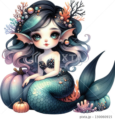 A captivating mermaid figure with a mysterious and alluring presence surrounded by a serene underwater world of coral seashells and aquatic flora 130060915