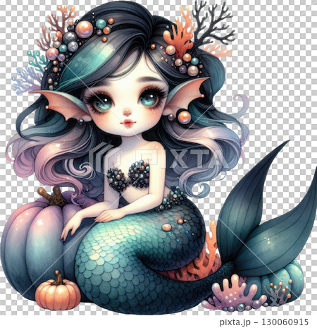 A captivating mermaid figure with a mysterious and alluring presence surrounded by a serene underwater world of coral seashells and aquatic flora 130060915