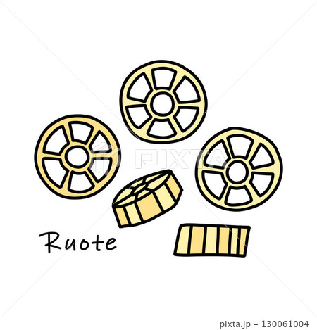 Italian pasta ruote in the form of wheels isolated on white in doodle style, side and top view 130061004