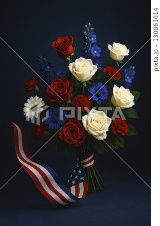 american bouquet with flag ribbon, generative AI 130061014