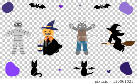 ハロウィンのキャラクターセット｜ミイラ,かぼちゃ魔女,オオカミ男,ほうき 130061023