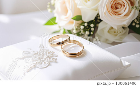 バラのブーケとリングピローの上の結婚指輪 130061400