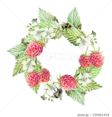 Raspberry wreath watercolor. Ripe red berries, green leaves, white flowers and bees. Hand drawn botanical illustration isolated for menu design, cosmetic and food labels. 130061429