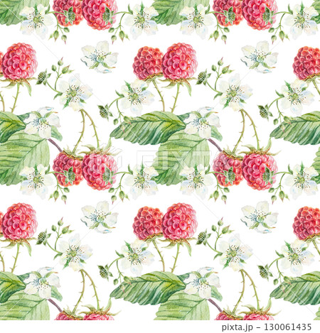 Raspberry seamless pattern. Ripe red berries, green leaves and white flowers. Hand drawn watercolor illustration isolated. Botanical clip art for textile, wallpaper and fabric design. 130061435