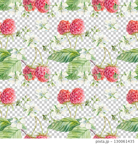 Raspberry seamless pattern. Ripe red berries, green leaves and white flowers. Hand drawn watercolor illustration isolated. Botanical clip art for textile, wallpaper and fabric design. Raspberry seamless pattern. Ripe red berries, green leaves and white flowers. Hand drawn watercolor illustration isolated. Botanical clip art for textile, wallpaper and fabric design. 130061435
