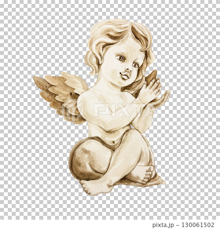 Angel watercolor illustration in monochrome style. Hand drawn cupid figure with wings sitting isolated. For greeting cards and invitations for Valentines day, birthday, Christmas. 130061502