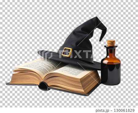 女巫的帽子、魔法書和藥水的極簡主義插圖 130061829