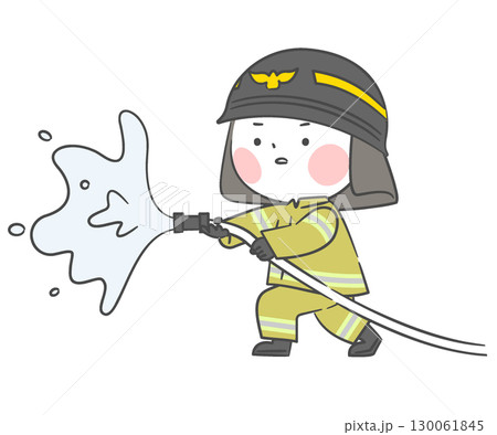 A drawing of firefighter child who sprays water. 130061845