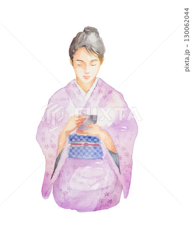 抹茶をいただく着物の女性の水彩画 130062044