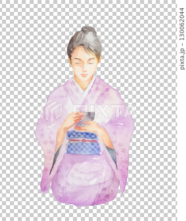 抹茶をいただく着物の女性の水彩画 130062044