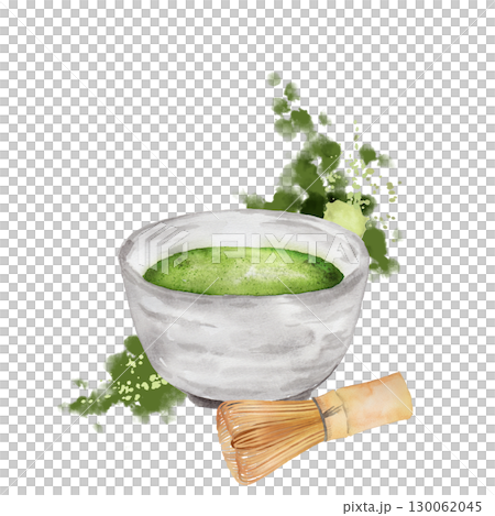 抹茶と茶筅の水彩画、抽象的な背景 130062045