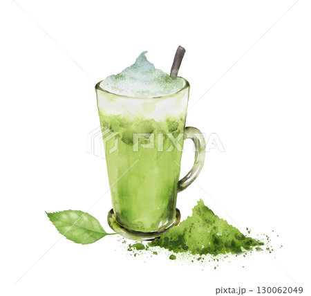 アイス抹茶ラテと抹茶パウダー、葉っぱの水彩画 130062049