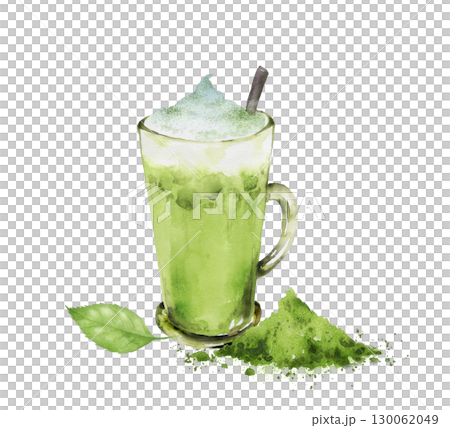 アイス抹茶ラテと抹茶パウダー、葉っぱの水彩画 130062049