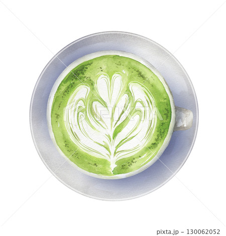 ラテアートが描かれた抹茶ラテの水彩画 130062052