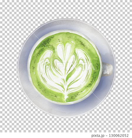 ラテアートが描かれた抹茶ラテの水彩画 130062052