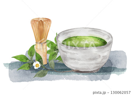 抹茶と茶筅、お茶の花の水彩画 130062057