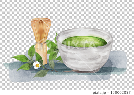 抹茶と茶筅、お茶の花の水彩画 130062057