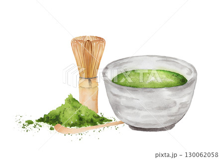 抹茶と茶筅、茶杓のセットの水彩画 抹茶と茶筅、茶杓のセットの水彩画 130062058