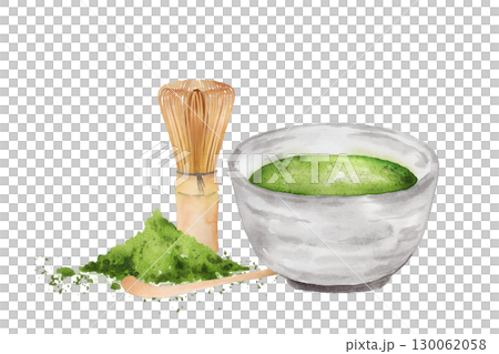 抹茶と茶筅、茶杓のセットの水彩画 抹茶と茶筅、茶杓のセットの水彩画 130062058