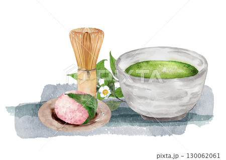 抹茶と桜餅、お茶の花の水彩画 130062061
