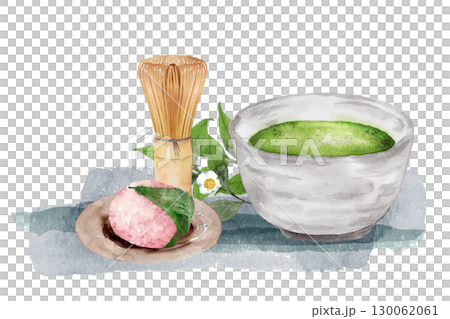 抹茶和櫻花麻糬，茶花水彩畫 130062061