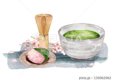 抹茶と桜餅、桜の花の水彩画 130062062