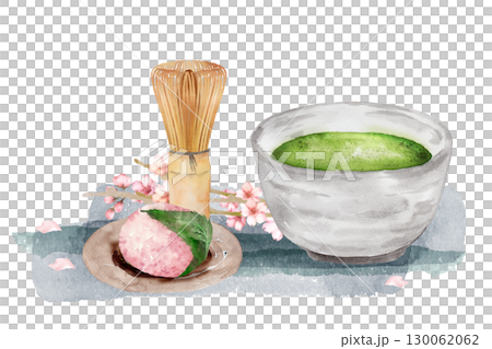 抹茶、櫻花麻糬和櫻花水彩畫 130062062