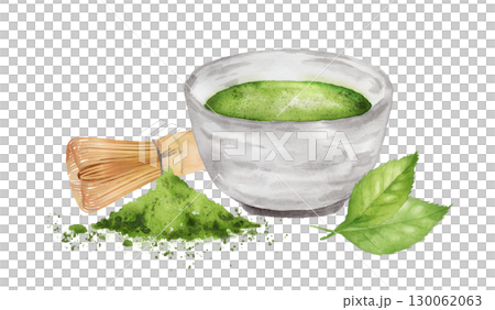抹茶和竹筅、抹茶粉和茶葉的水彩畫 130062063
