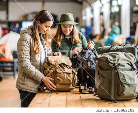 キャンプブーム終了でキャンプ用品が激安で売られているリサイクルショップでアウトドアグッズを買う女性 130062102