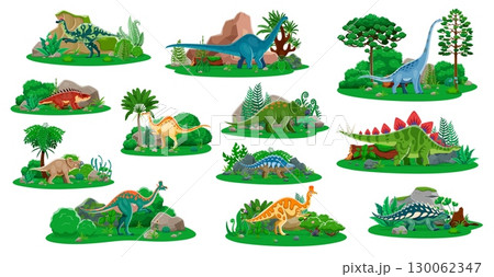Prehistoric dinosaurs in their natural habitats. Vector set of dino animals at lush landscape settings. cartoon reptile species, herbivore or carnivore creatures at wild nature with green vegetation 130062347