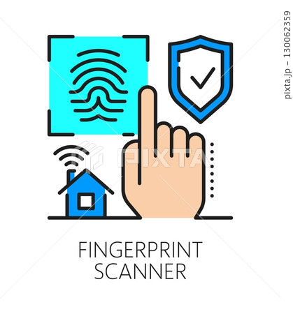 Home security fingerprint scanner color line icon or sign. Home alarm technology lineart vector symbol, security system icon. House safety company or service or sign with human hand and fingerprint 130062359