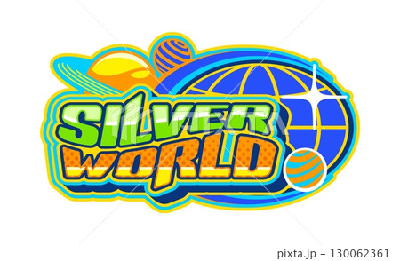 Silver world retro Y2K element or icon. Vintage cool vector Y2K element or symbol, sticker or emblem. Funky 90s patch or icon, 2000s label or sign with Earth globe, space planets and typography 130062361