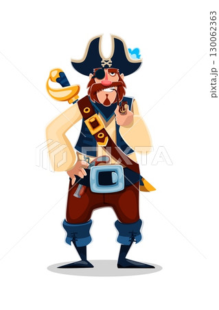 Cartoon pirate corsair character, danger skipper confidently puffs on a curling smoking pipe. Isolated vector filibuster nautical personage wearing a captain hat, armed with a saber and pistol gun Cartoon pirate corsair character, danger skipper confidently puffs on a curling smoking pipe. Isolated vector filibuster nautical personage wearing a captain hat, armed with a saber and pistol gun 130062363