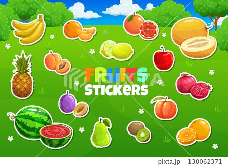 Cartoon tropical fruits stickers, vector fresh berry food labels. Red apple, banana, orange, lemon and pineapple, plum, watermelon and kiwi stickers, whole and half fruits on green field background 130062371