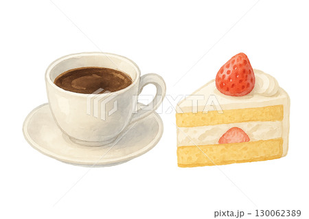 コーヒーと苺ショートケーキの水彩風イラスト 130062389