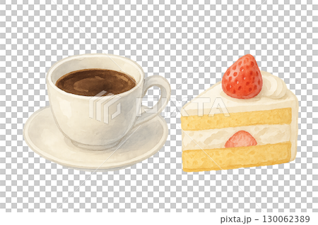 コーヒーと苺ショートケーキの水彩風イラスト 130062389