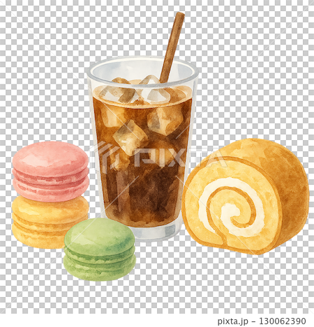 アイスコーヒーとスイーツの水彩風イラスト 130062390