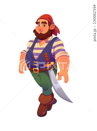 Pirate ship crew cartoon corsair character with red bandana, striped shirt and curved sword. Vector cheerful, friendly and adventurous swashbuckler sailor ready for high seas fun and treasure hunts Pirate ship crew cartoon corsair character with red bandana, striped shirt and curved sword. Vector cheerful, friendly and adventurous swashbuckler sailor ready for high seas fun and treasure hunts 130062394