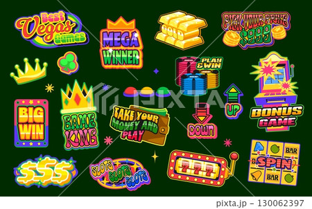 Retro y2k casino stickers, poker and gambling game patch labels. Vector set of slot machines, dollar signs, crowns, chips, and jackpot messages, capturing the fun and excitement of Vegas gamble gaming 130062397
