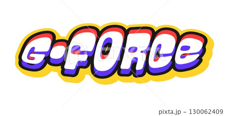 Automobile race g-force retro Y2K sticker or tag. Car motorsport funky vector tag, speed racing competition vintage label. Rally race grand prix retro sticker or patch with colorful typography 130062409