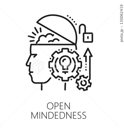 Open mindedness life skills line icon or sign. People potential vector symbol, personal quality sign. Personality open mindedness ability or life skill pictogram with human head, brain and cogwheel Open mindedness life skills line icon or sign. People potential vector symbol, personal quality sign. Personality open mindedness ability or life skill pictogram with human head, brain and cogwheel 130062419
