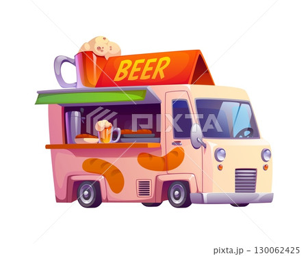 Beer street food truck, vintage festival foodtruck. Cartoon vector vintage automobile features tap and large beer mug on top. Vector retro vehicle van serving foamy drink at festivals and events Beer street food truck, vintage festival foodtruck. Cartoon vector vintage automobile features tap and large beer mug on top. Vector retro vehicle van serving foamy drink at festivals and events 130062425